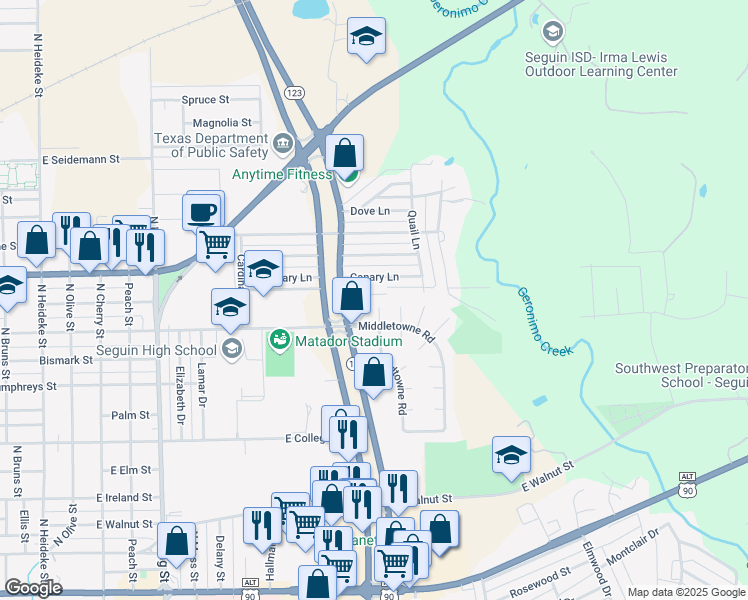 map of restaurants, bars, coffee shops, grocery stores, and more near 213 Oldtowne Road in Seguin