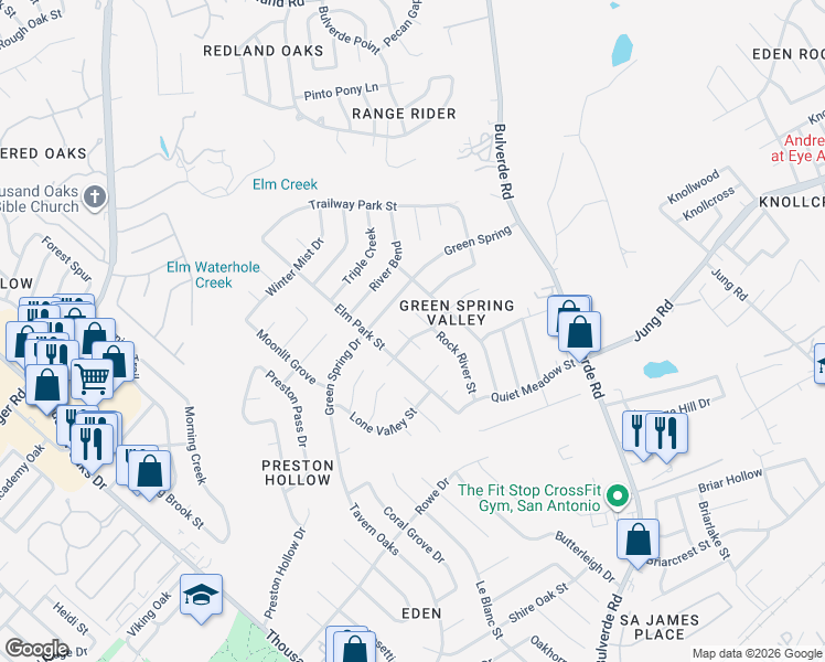 map of restaurants, bars, coffee shops, grocery stores, and more near 15203 Spring Water Circle in San Antonio
