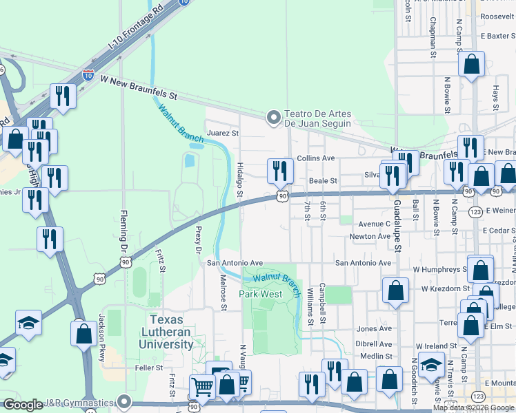 map of restaurants, bars, coffee shops, grocery stores, and more near 955 West Kingsbury Street in Seguin