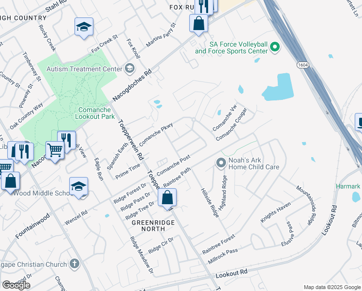 map of restaurants, bars, coffee shops, grocery stores, and more near 6715 Comanche Band in San Antonio