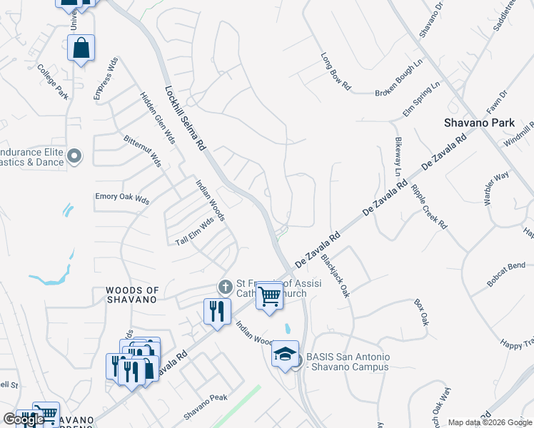 map of restaurants, bars, coffee shops, grocery stores, and more near 103 Hampton Way in Shavano Park