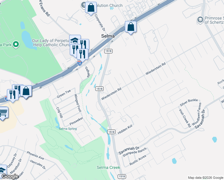 map of restaurants, bars, coffee shops, grocery stores, and more near 15507 Capri Lane in Selma