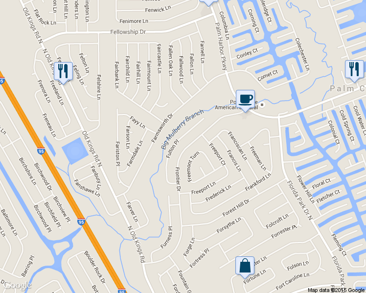 map of restaurants, bars, coffee shops, grocery stores, and more near 155 Frontier Drive in Palm Coast