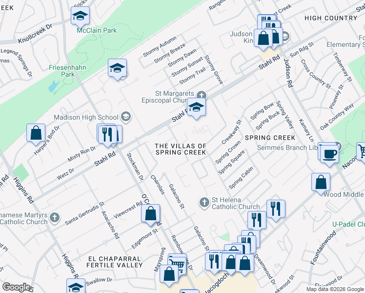map of restaurants, bars, coffee shops, grocery stores, and more near 5202 Spring Ash in San Antonio