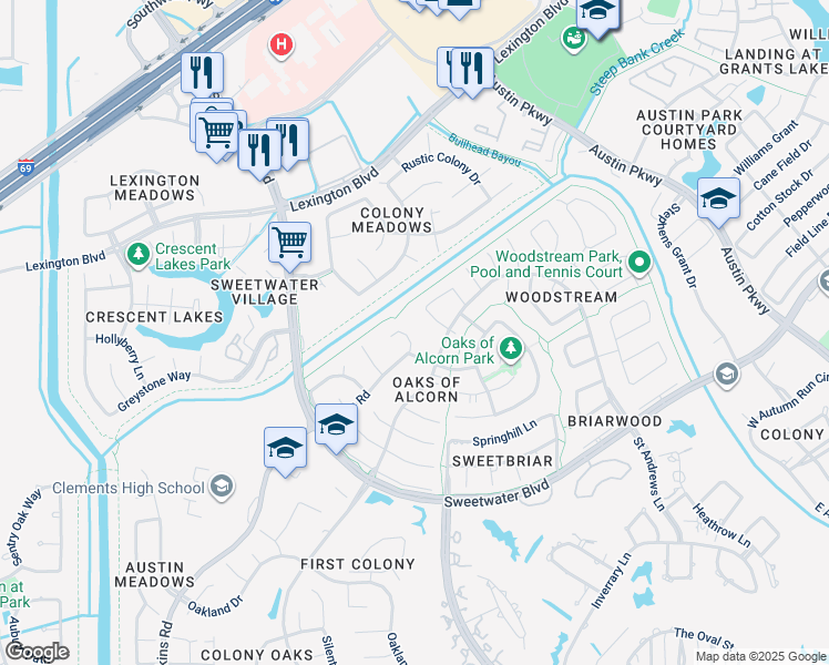 map of restaurants, bars, coffee shops, grocery stores, and more near 3714 Elkins Road in Sugar Land