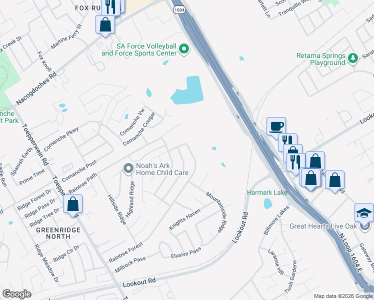 map of restaurants, bars, coffee shops, grocery stores, and more near 7231 Raintree Forest in San Antonio