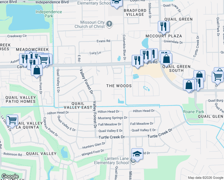 map of restaurants, bars, coffee shops, grocery stores, and more near 2402 Hawks Road in Missouri City