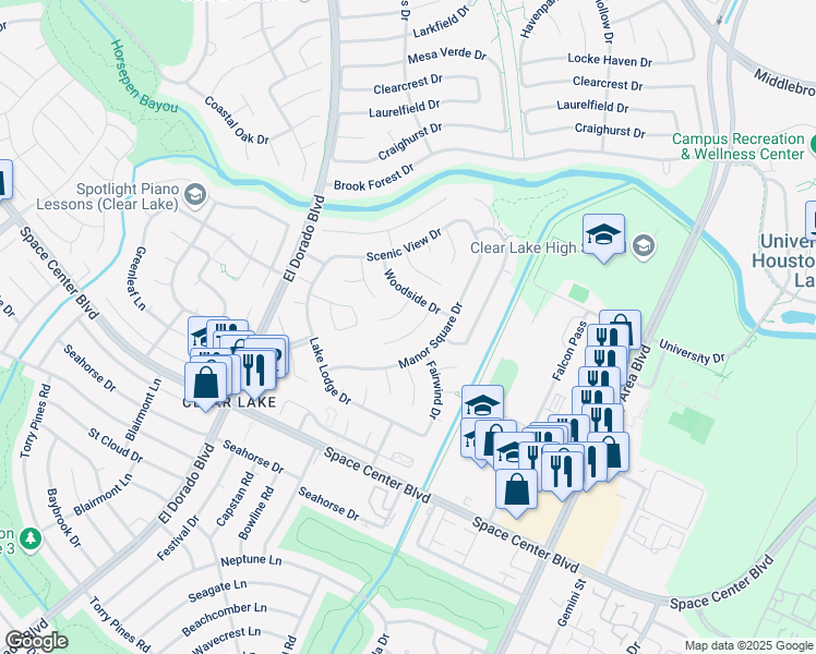 map of restaurants, bars, coffee shops, grocery stores, and more near 15931 Meadowside Drive in Houston