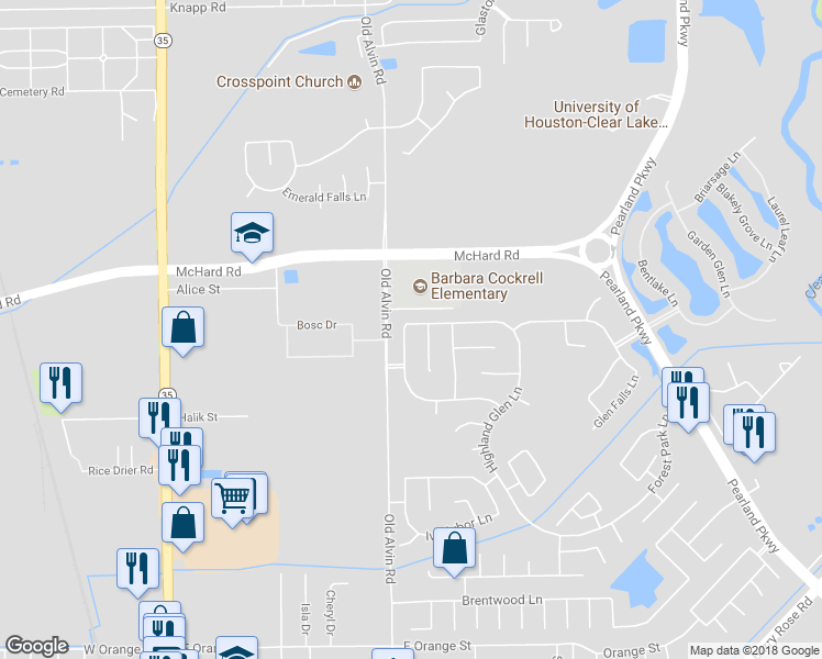 map of restaurants, bars, coffee shops, grocery stores, and more near 1601 Spring Glen Lane in Pearland