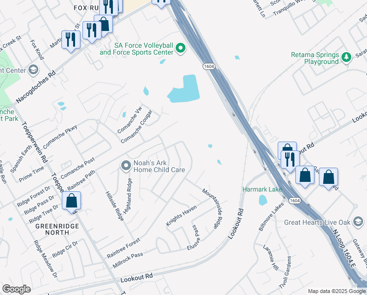 map of restaurants, bars, coffee shops, grocery stores, and more near 7231 Raintree Forest in San Antonio