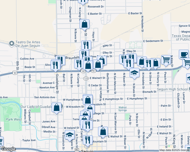 map of restaurants, bars, coffee shops, grocery stores, and more near 216 East Weinert Street in Seguin