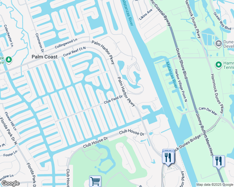 map of restaurants, bars, coffee shops, grocery stores, and more near 3 Coral Reef Court in Palm Coast