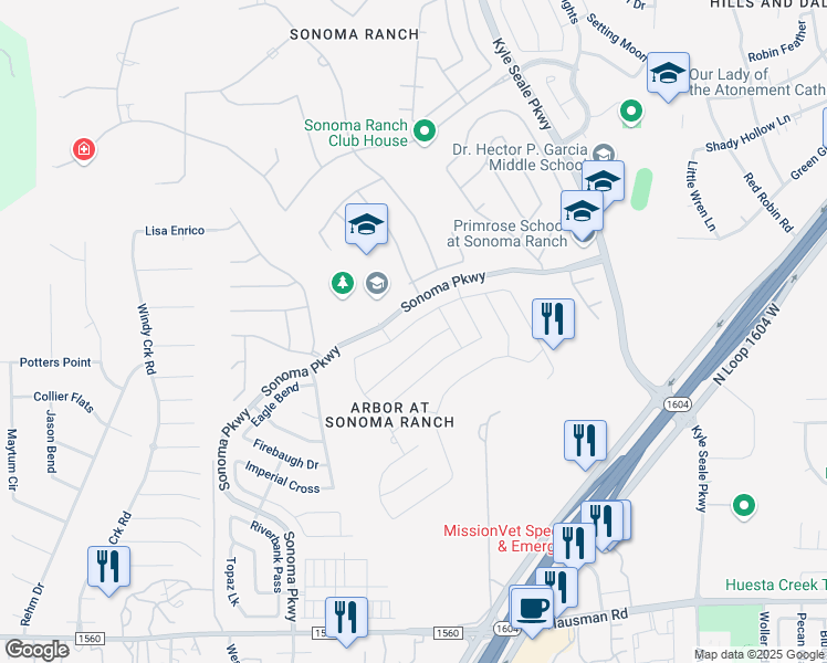map of restaurants, bars, coffee shops, grocery stores, and more near 8640 Eagle Peak in Helotes