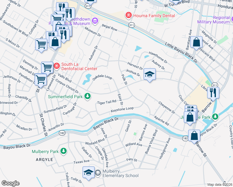 map of restaurants, bars, coffee shops, grocery stores, and more near 101-199 Easy Street in Houma