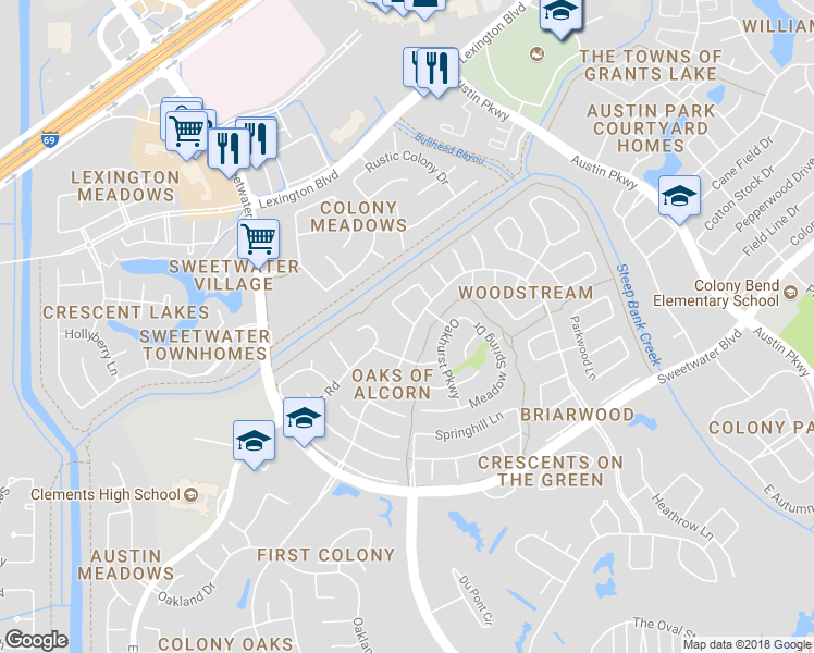 map of restaurants, bars, coffee shops, grocery stores, and more near 3330 Peachwood Lane in Sugar Land