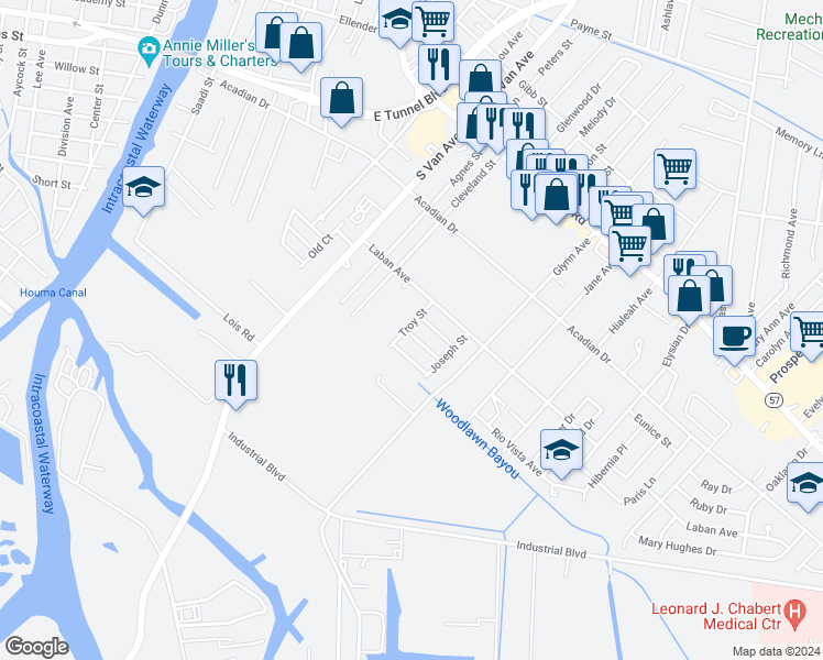 map of restaurants, bars, coffee shops, grocery stores, and more near 1401 Brooke Street in Houma
