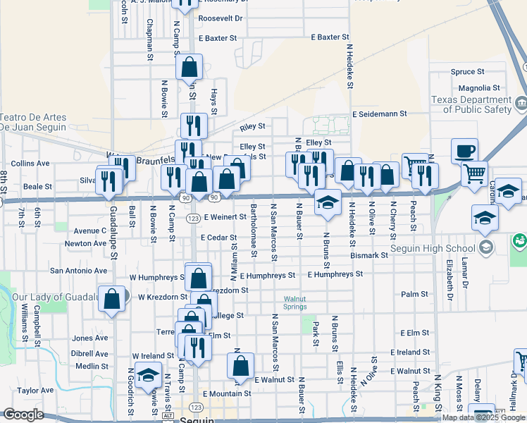 map of restaurants, bars, coffee shops, grocery stores, and more near 512 East Weinert Street in Seguin