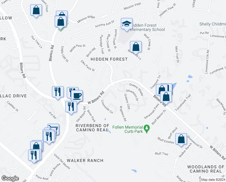 map of restaurants, bars, coffee shops, grocery stores, and more near 18 Dallari Court in San Antonio