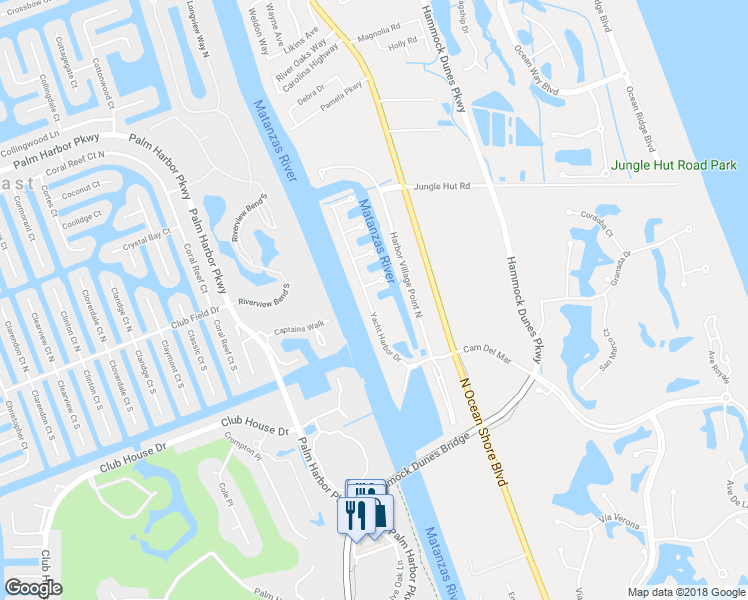 map of restaurants, bars, coffee shops, grocery stores, and more near 241 Yacht Harbor Drive in Palm Coast