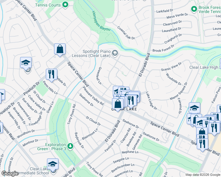 map of restaurants, bars, coffee shops, grocery stores, and more near 15403 Greenleaf Ln in Houston