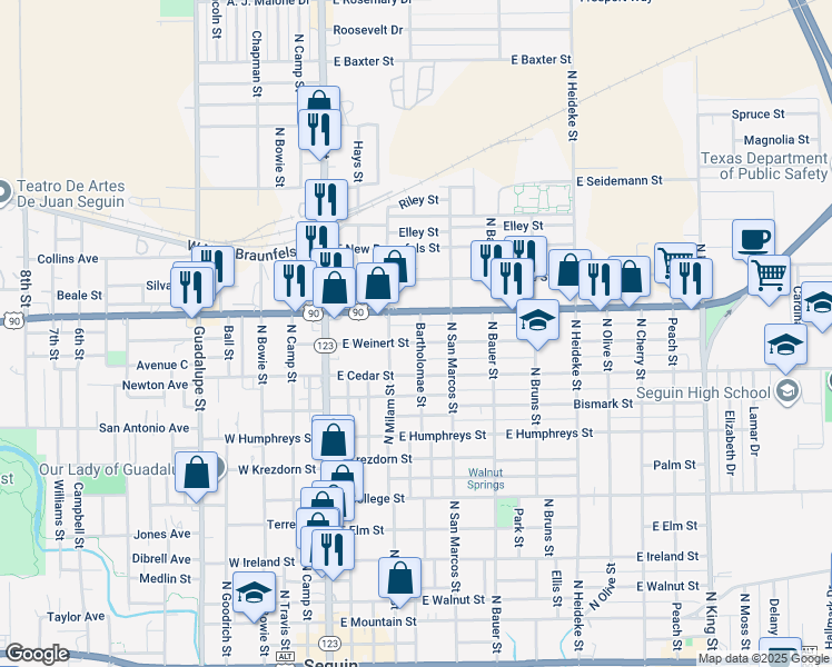 map of restaurants, bars, coffee shops, grocery stores, and more near 402 East Weinert Street in Seguin