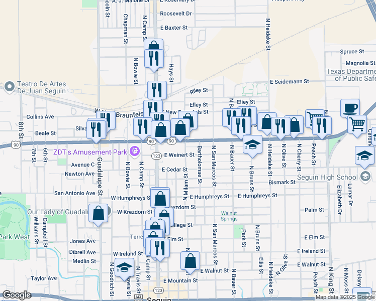 map of restaurants, bars, coffee shops, grocery stores, and more near 402 East Weinert Street in Seguin