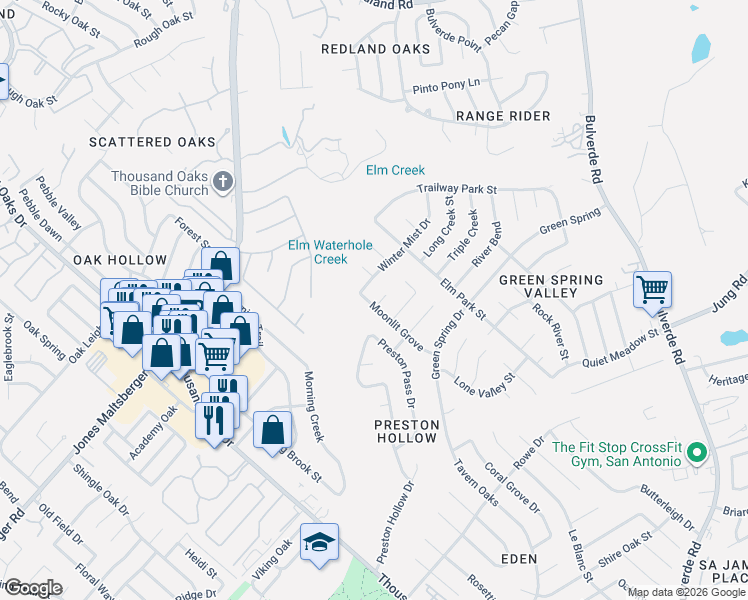 map of restaurants, bars, coffee shops, grocery stores, and more near 3403 Shallow Grove in San Antonio