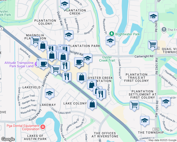 map of restaurants, bars, coffee shops, grocery stores, and more near 2974 Colonial Lakes Drive in Missouri City