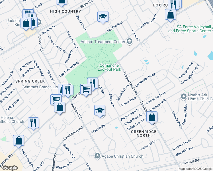 map of restaurants, bars, coffee shops, grocery stores, and more near 6403 Gray Ridge in San Antonio