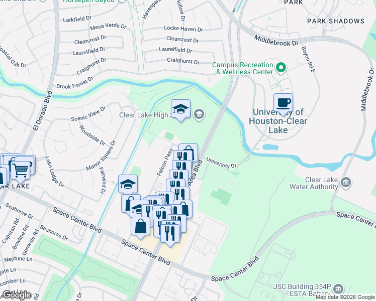 map of restaurants, bars, coffee shops, grocery stores, and more near Krueger in Houston