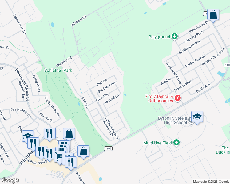 map of restaurants, bars, coffee shops, grocery stores, and more near 261 Fritz Way in Cibolo