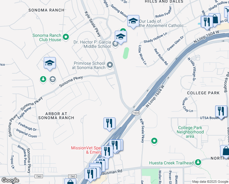 map of restaurants, bars, coffee shops, grocery stores, and more near 14503 Tulorosa Trail in Helotes