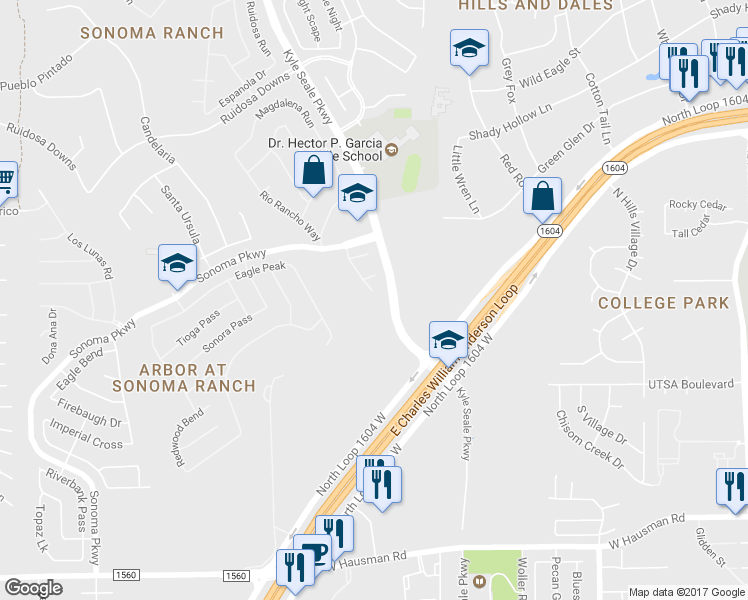 map of restaurants, bars, coffee shops, grocery stores, and more near 14503 Tulorosa Trail in Helotes