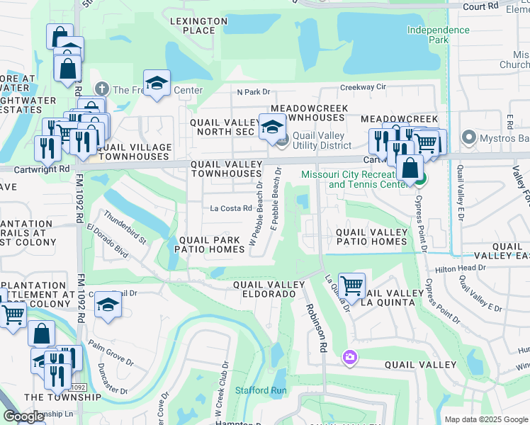 map of restaurants, bars, coffee shops, grocery stores, and more near 2711 West Pebble Beach Drive in Missouri City
