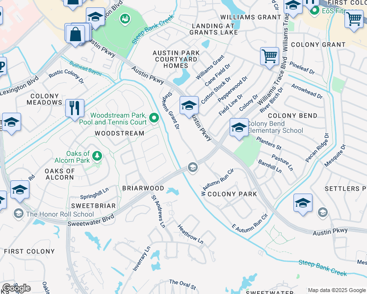 map of restaurants, bars, coffee shops, grocery stores, and more near 3106 Poplar Place in Sugar Land
