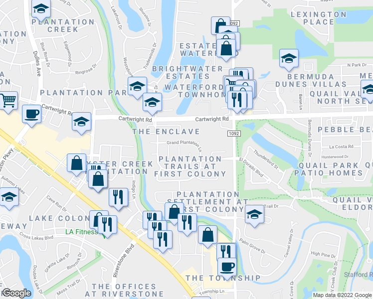map of restaurants, bars, coffee shops, grocery stores, and more near 2602 Creek Terrace Drive in Missouri City