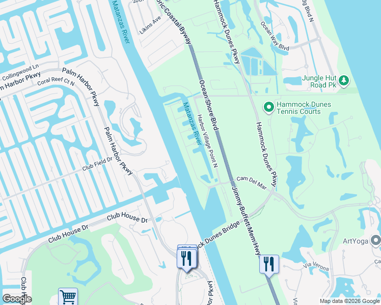 map of restaurants, bars, coffee shops, grocery stores, and more near 239 Yacht Harbor Drive in Palm Coast