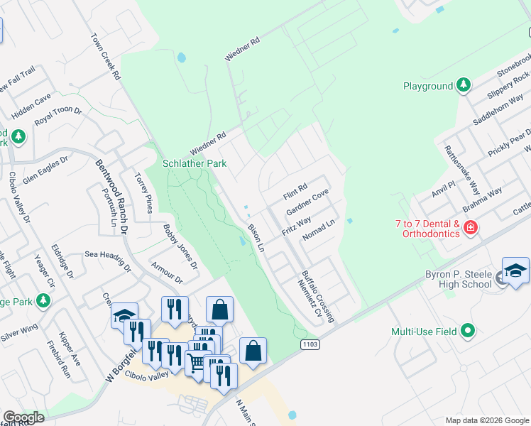 map of restaurants, bars, coffee shops, grocery stores, and more near 420 Sioux Lane in Cibolo