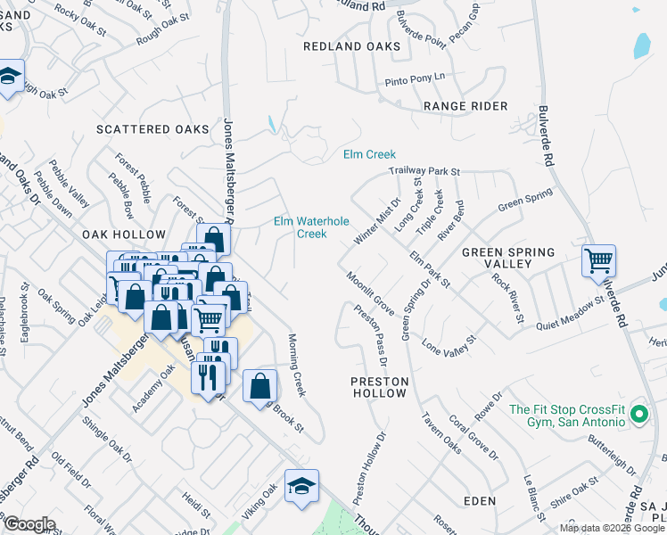 map of restaurants, bars, coffee shops, grocery stores, and more near 3403 Shallow Grove in San Antonio