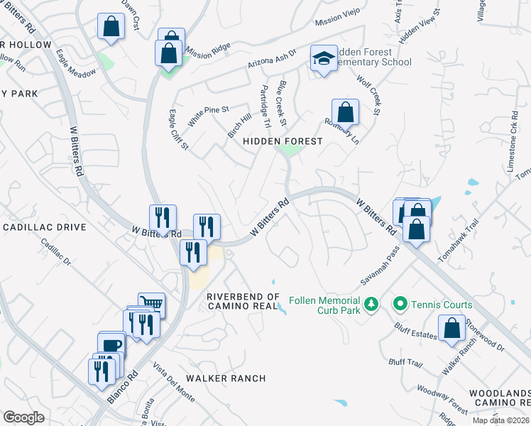 map of restaurants, bars, coffee shops, grocery stores, and more near 3 Carah Court in San Antonio