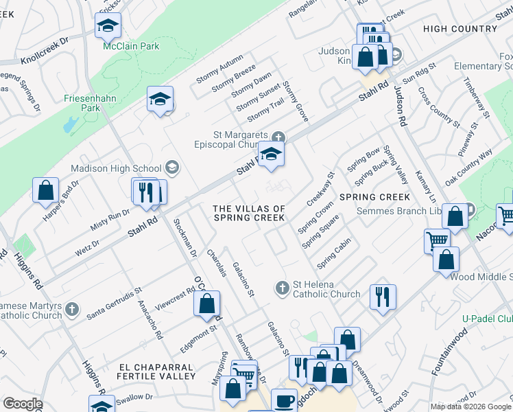 map of restaurants, bars, coffee shops, grocery stores, and more near 5202 Spring Ash in San Antonio