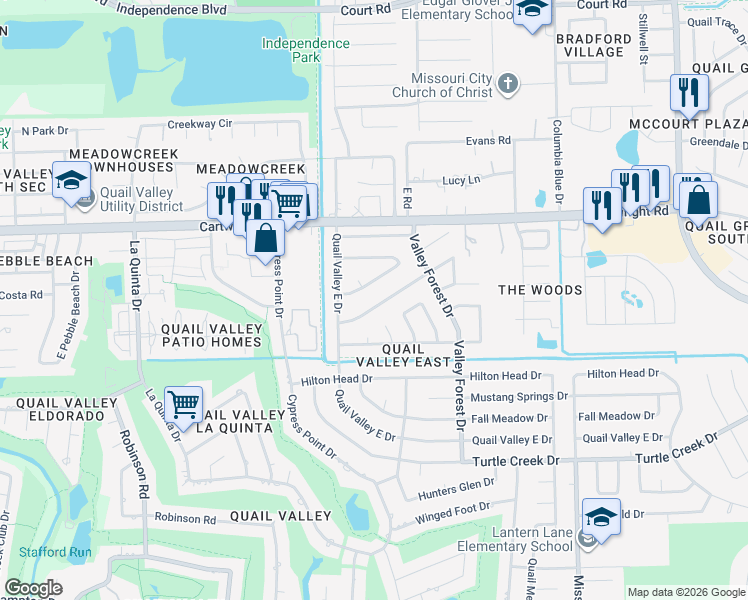 map of restaurants, bars, coffee shops, grocery stores, and more near 2414 Stillmeadow Drive in Missouri City