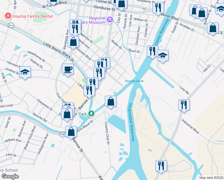 map of restaurants, bars, coffee shops, grocery stores, and more near 2055 Havers Street in Houma