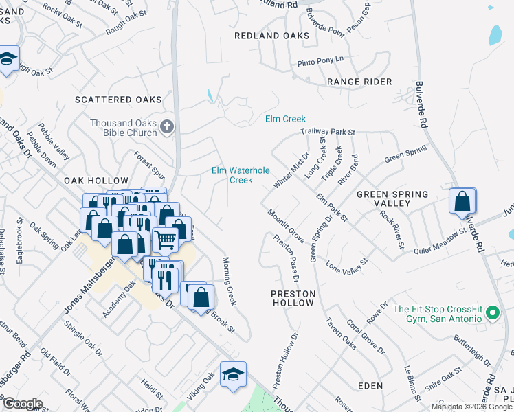 map of restaurants, bars, coffee shops, grocery stores, and more near 3403 Shallow Grove in San Antonio