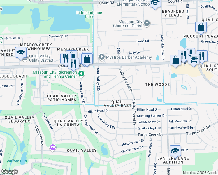 map of restaurants, bars, coffee shops, grocery stores, and more near 2414 Stillmeadow Drive in Missouri City