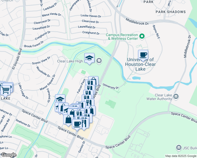 map of restaurants, bars, coffee shops, grocery stores, and more near 7500 Bay Area Boulevard in Houston