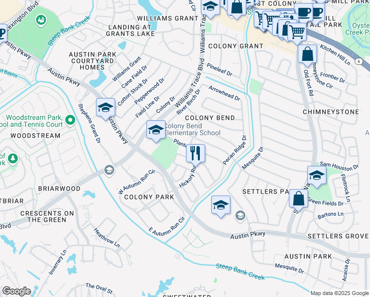 map of restaurants, bars, coffee shops, grocery stores, and more near 2919 Pasture Lane in Sugar Land