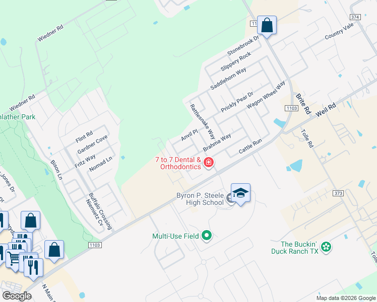 map of restaurants, bars, coffee shops, grocery stores, and more near 128 Brahma Way in Cibolo