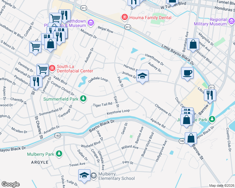 map of restaurants, bars, coffee shops, grocery stores, and more near 101 Easy Street in Houma