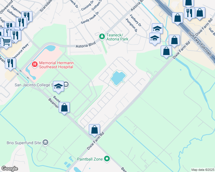 map of restaurants, bars, coffee shops, grocery stores, and more near 12119 Redbud Brook Trail in Houston